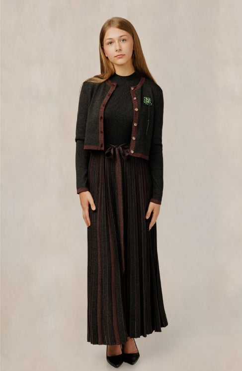 PLEATED KNIT DRESS W/ CONTRASTING TRIM CARDIGAN