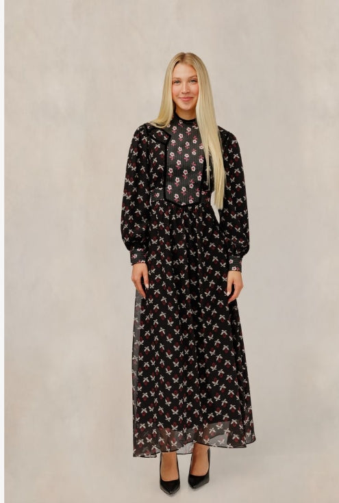 PINK FLOWER PRINTED BLACK MESH DRESS
