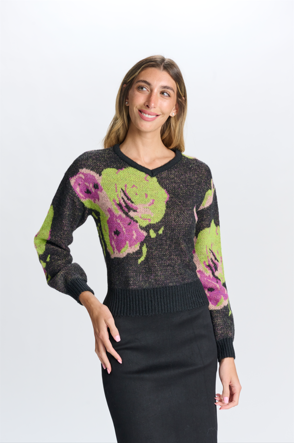 GREEN AND PURPLE FLORAL SWEATER