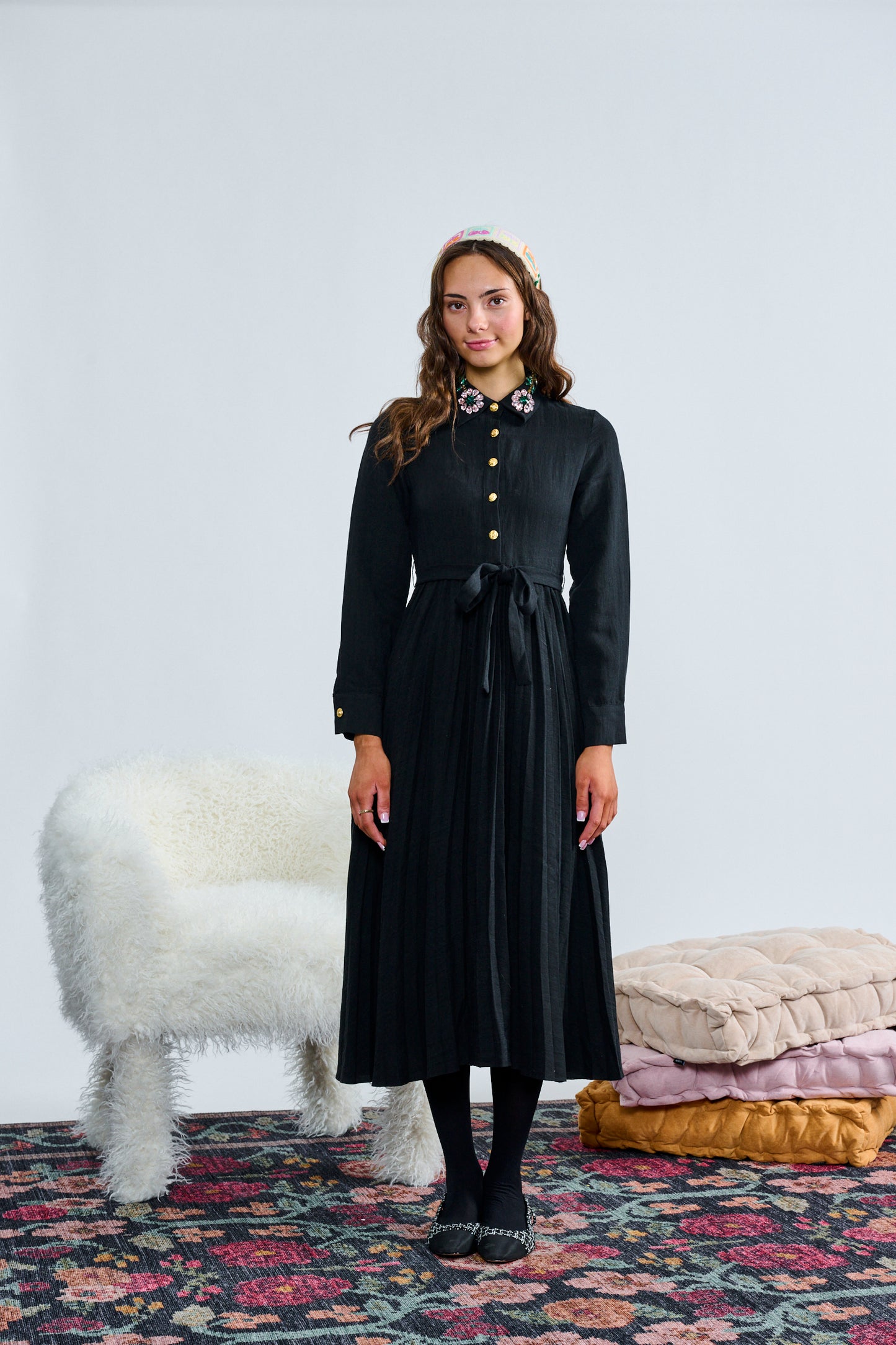 BLACK W/ BEADED APPLIQUE COLLAR DRESS