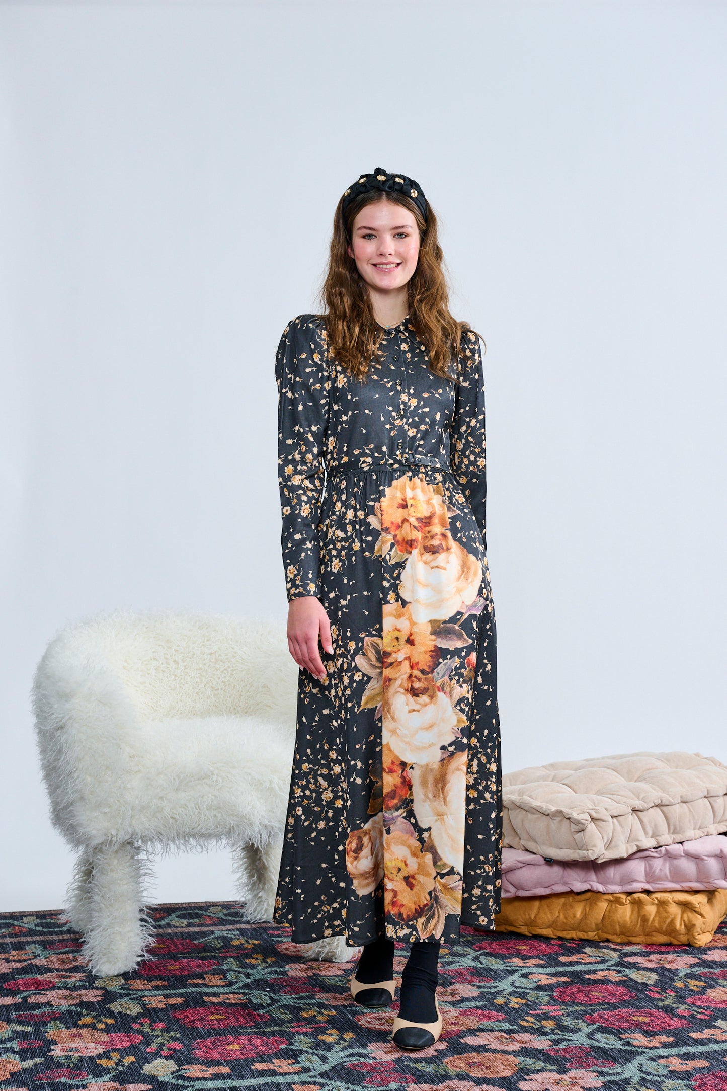 BLACK W/ LARGE AND SMALL YELLOW FLORAL DESIGN DRESS