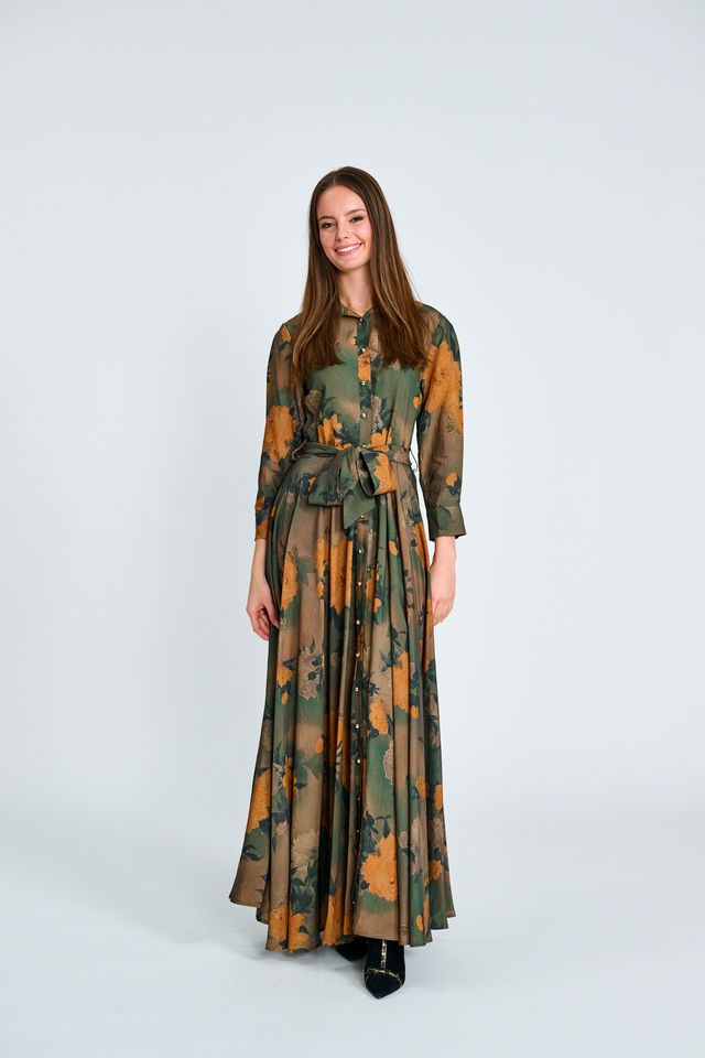 PRINTED BUTTON DOWN BELTED DRESS ORANGE