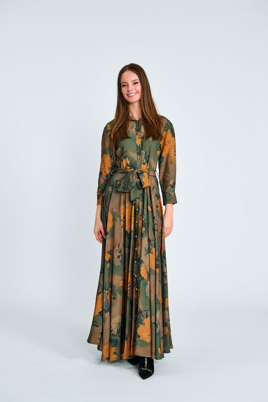 PRINTED BUTTON DOWN BELTED DRESS ORANGE