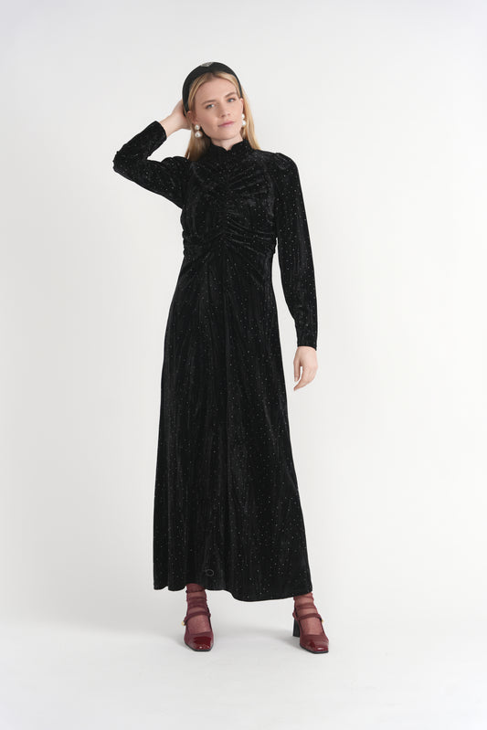 DIAMOND VELOUR MAXI GATHERED DRESS