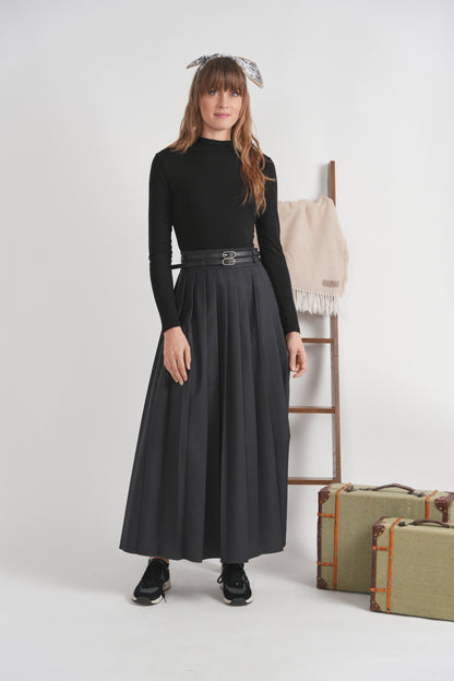 COOL WOOL PLEATED DOUBLE BELTED SKIRT