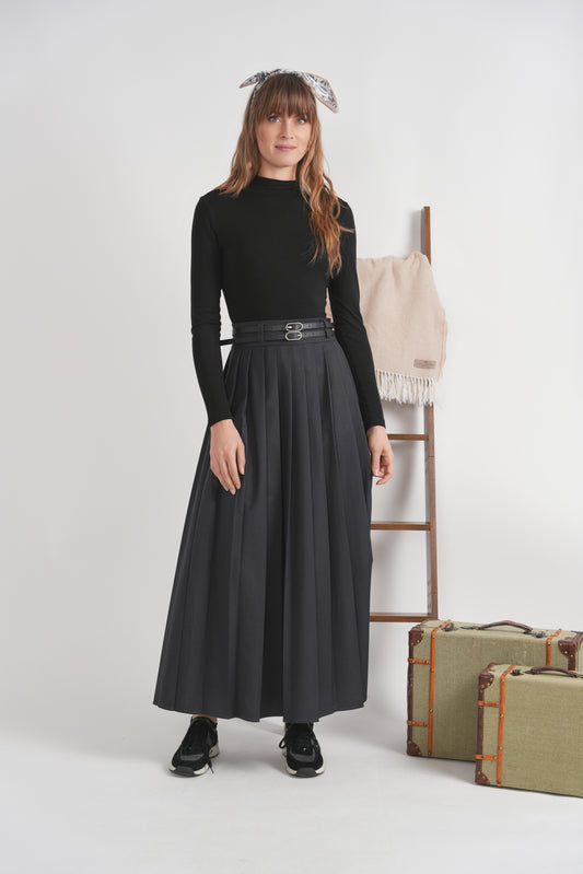 COOL WOOL PLEATED DOUBLE BELTED SKIRT