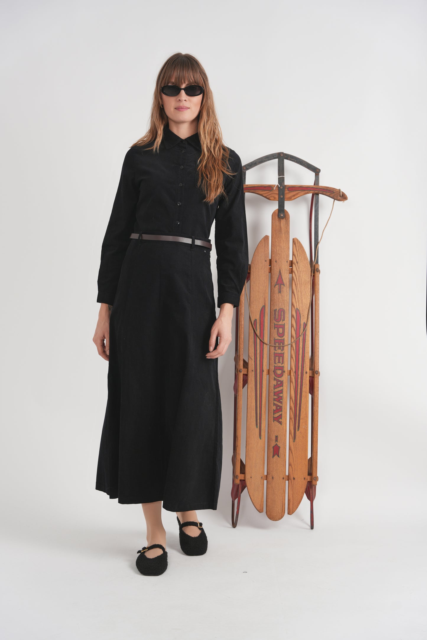 PANELED CORURDROY MAXI BELTED SKIRT
