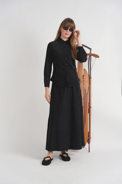 PANELED CORURDROY MAXI BELTED SKIRT