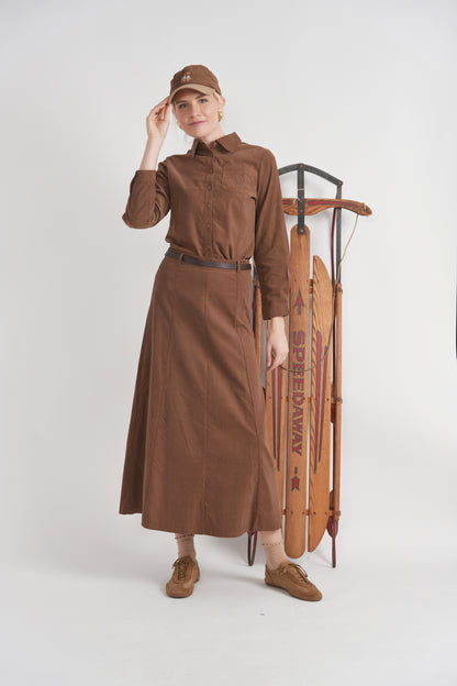 PANELED CORURDROY MAXI BELTED SKIRT