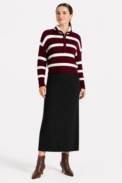 STRIPED WAFFLE KNIT PULL OVER WITH HALF ZIPPER