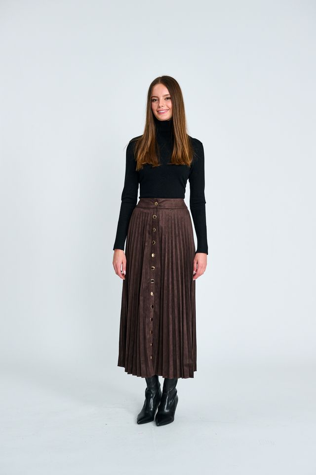 BUTTON DOWN SUEDE PLEATED SKIRT