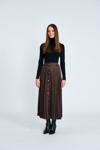 BUTTON DOWN SUEDE PLEATED SKIRT