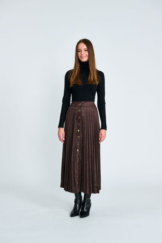 BUTTON DOWN SUEDE PLEATED SKIRT