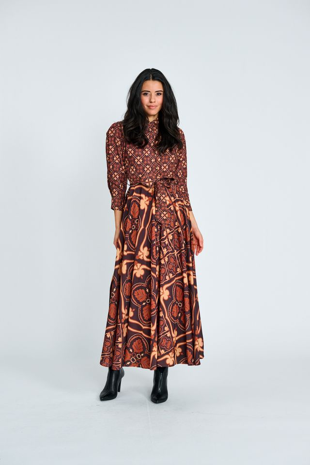 PRINTED BUTTON DOWN BELTED DRESS