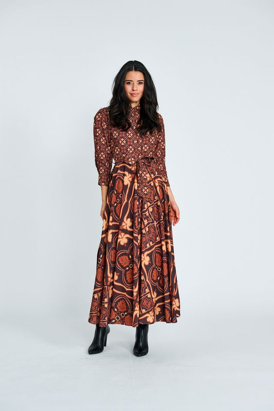 PRINTED BUTTON DOWN BELTED DRESS