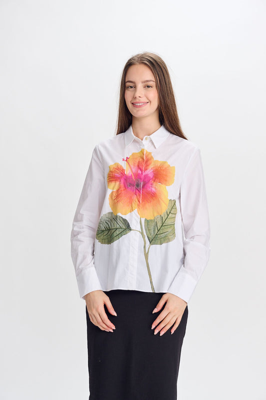 WHITE BUTTON-DOWN SHIRT WITH PAINTED FLOWER CENTER