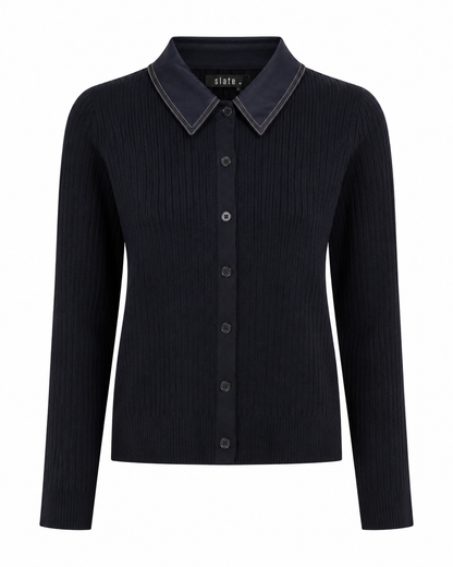CABLE KNIT CONTRAST FABRIC CARDIGAN