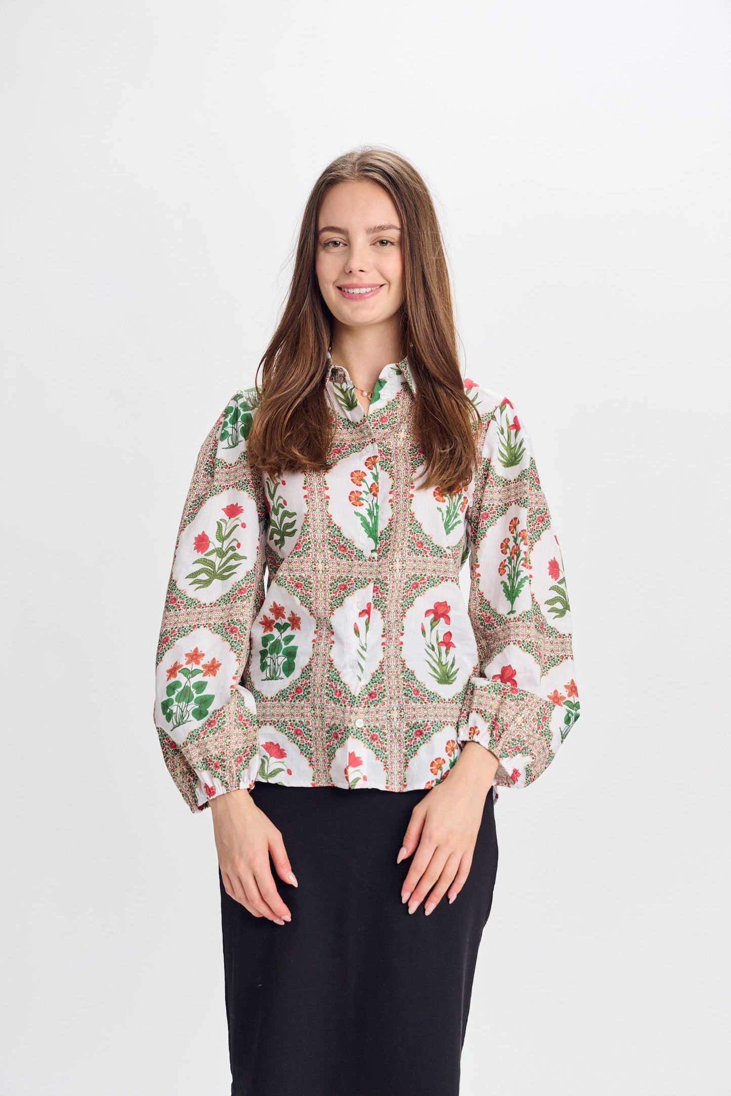 SHEER PRINTED BUTTON-DOWN BLOUSE