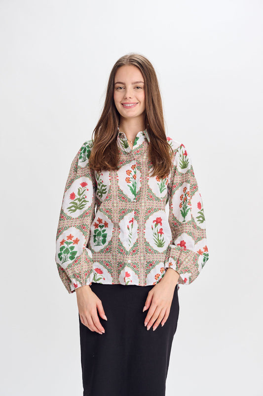 SHEER PRINTED BUTTON-DOWN BLOUSE