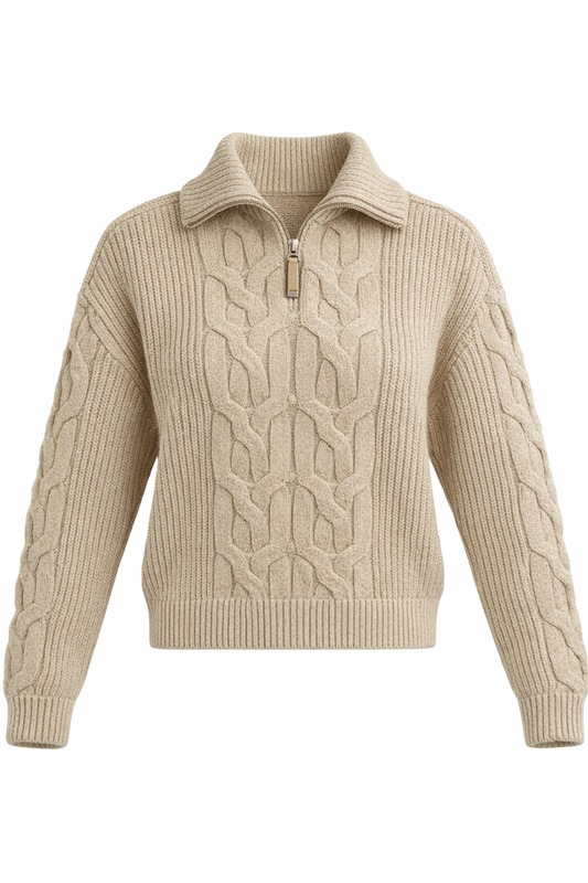 CABLE HENLEY ZIP SWEATER