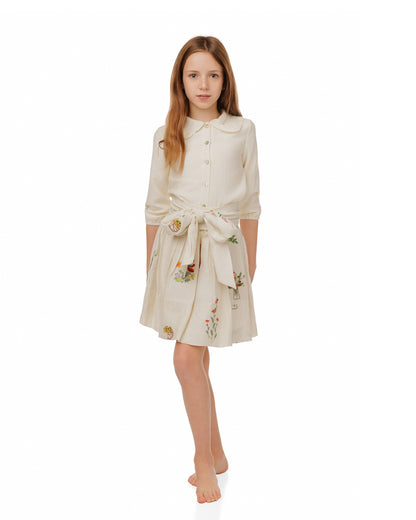 TAN FLORAL SKIRT WITH BOW BELT