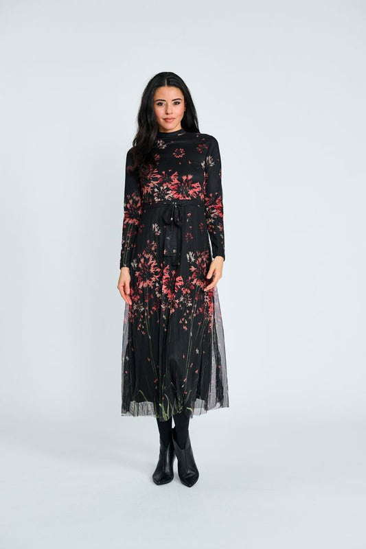 PRINTED MESH BELTED DRESS WITH PLEATED SKIRT