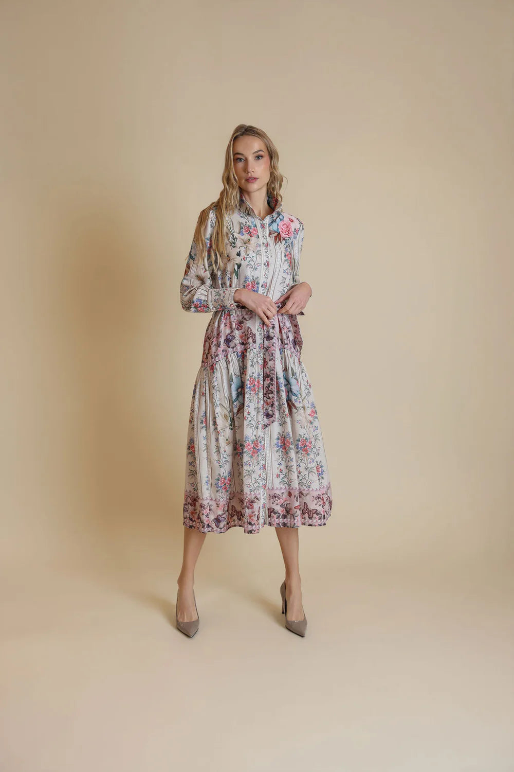 FLORAL PRINT BELTED MIDI DRESS