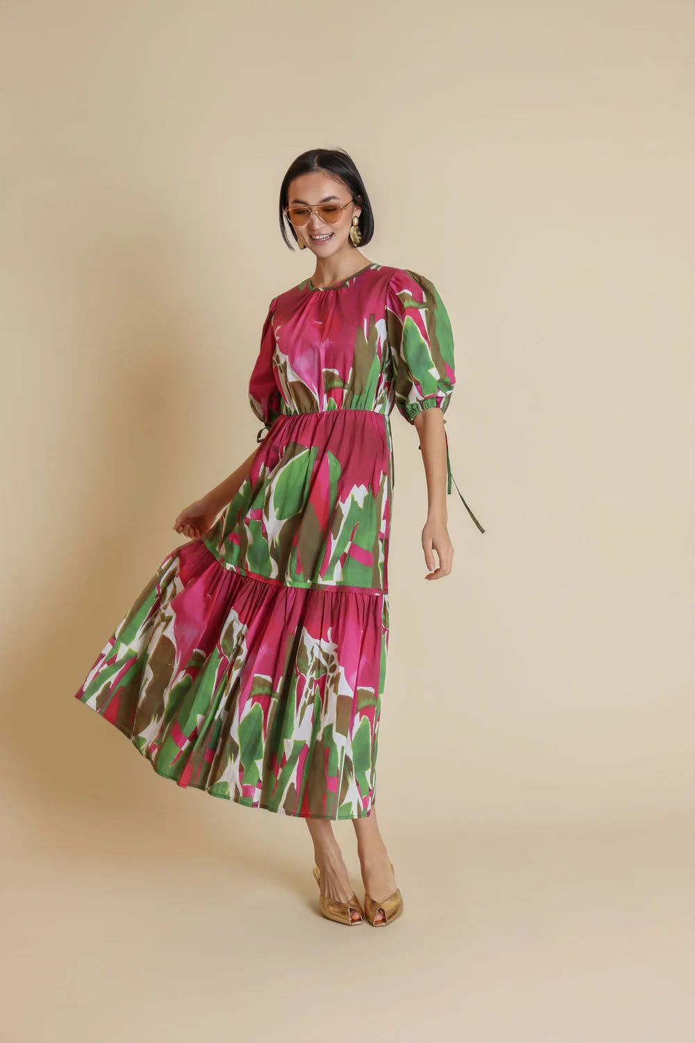 POPLIN BUBBLE TIE SLEEVE DRESS