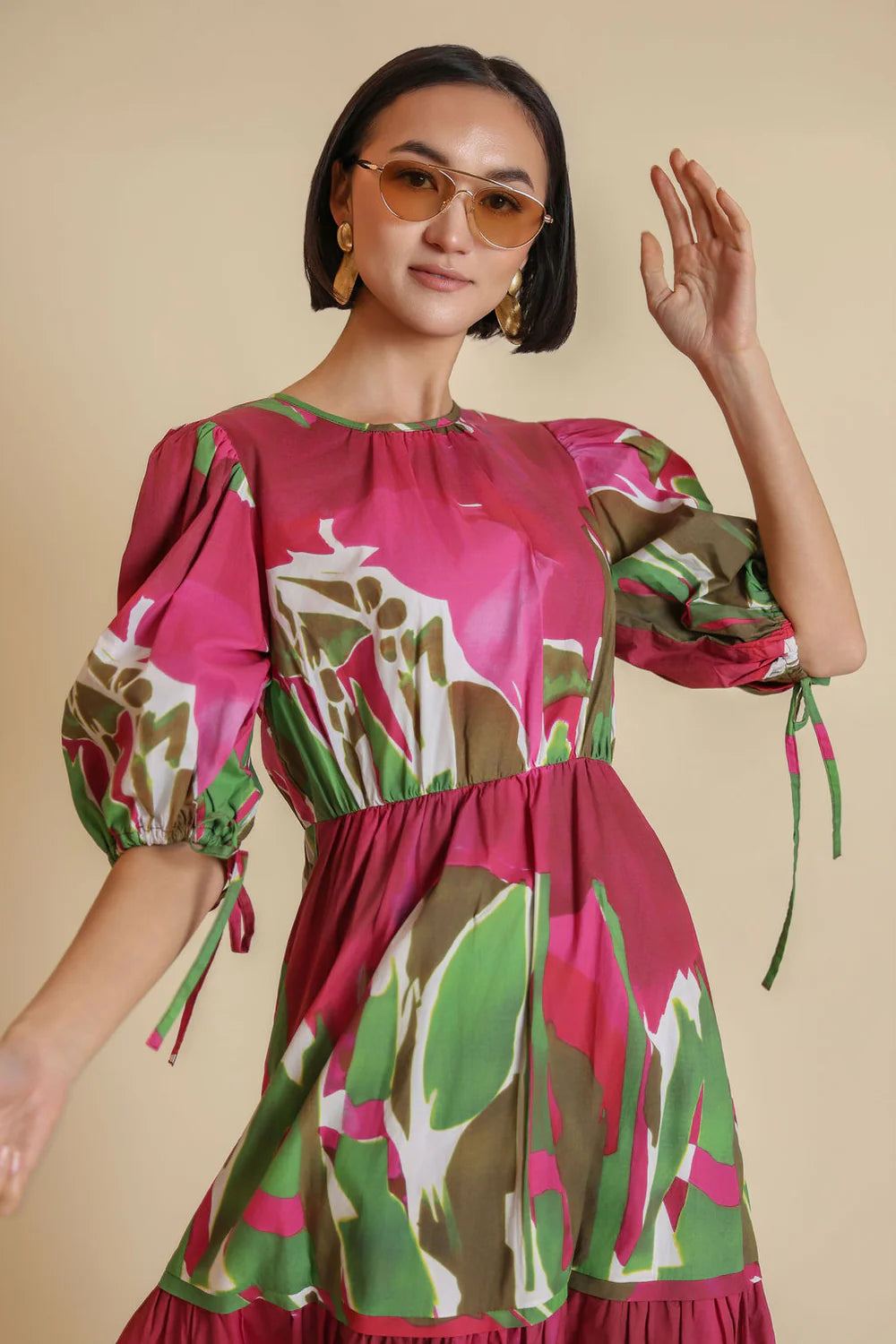 POPLIN BUBBLE TIE SLEEVE DRESS