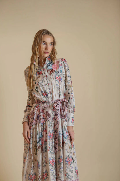 FLORAL PRINT BELTED MIDI DRESS