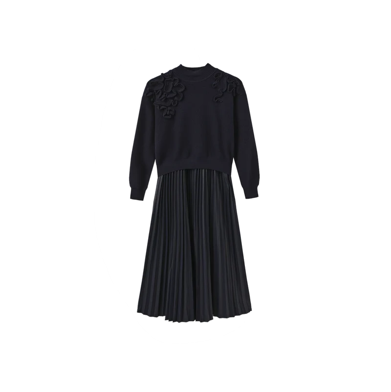 CHUNKY KNIT LEATHER PLEATED DRESS