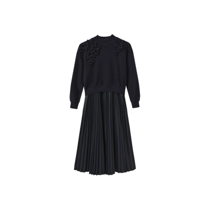 CHUNKY KNIT LEATHER PLEATED DRESS