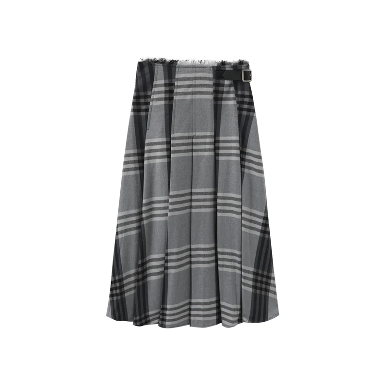 PLAID RAW EDGE BUCKLE SKIRT