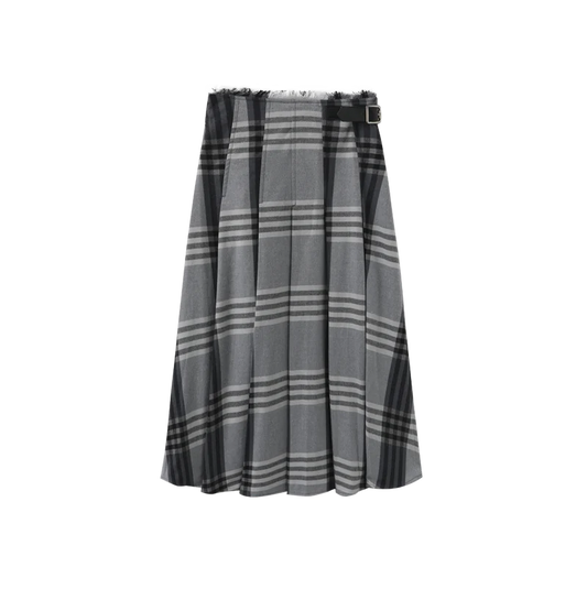 PLAID RAW EDGE BUCKLE SKIRT