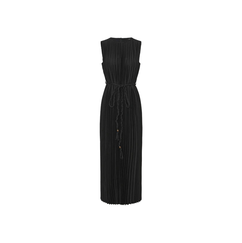SATIN PLEATED BELTED DRESS