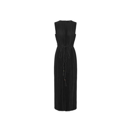 SATIN PLEATED BELTED DRESS