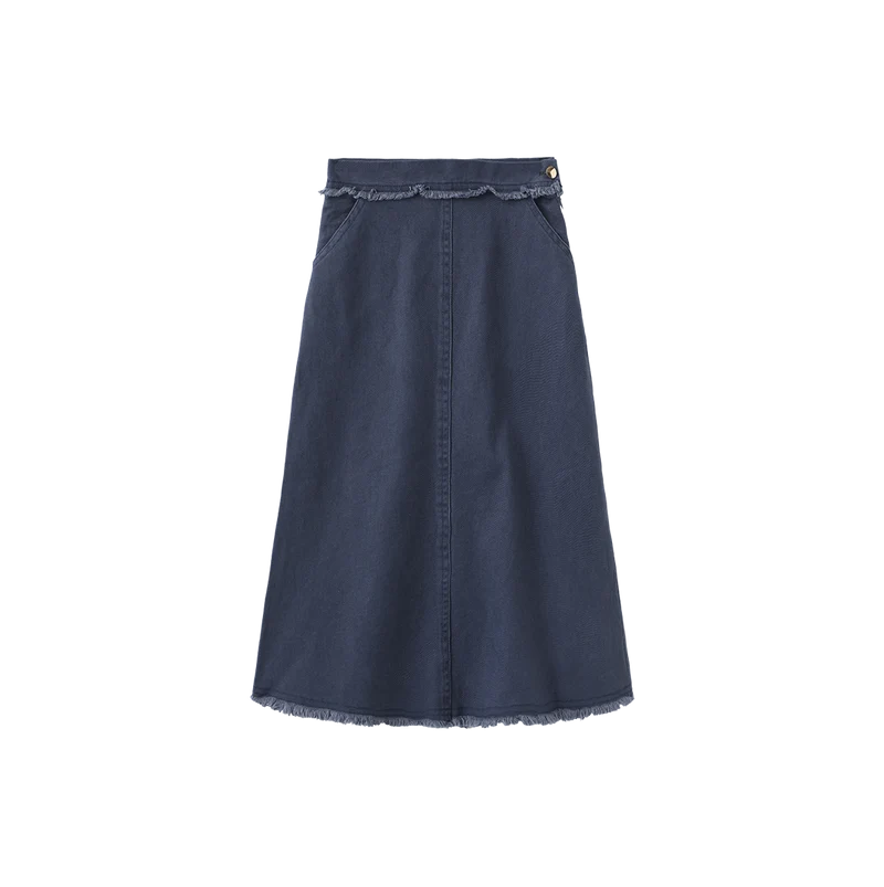 DENIM FRINGE CENTER SEAM SKIRT