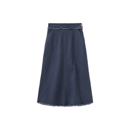 DENIM FRINGE CENTER SEAM SKIRT