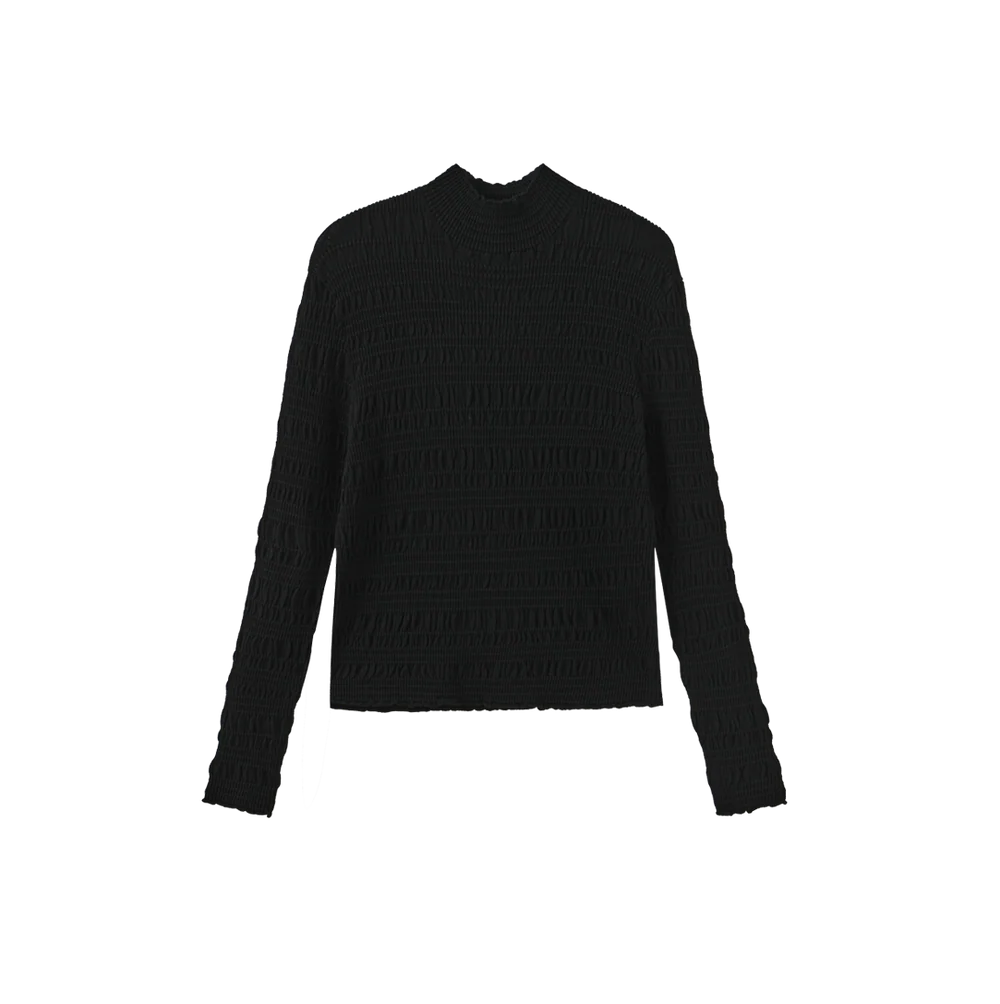 SMOCKED KNIT MOCK NECK