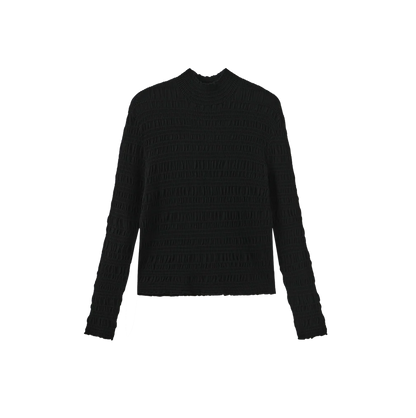 SMOCKED KNIT MOCK NECK