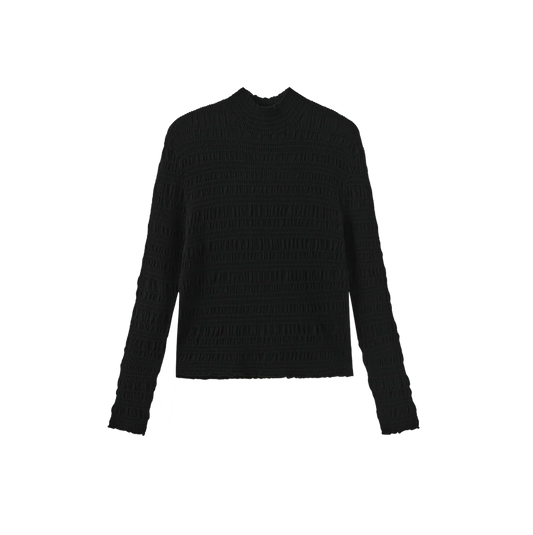 SMOCKED KNIT MOCK NECK
