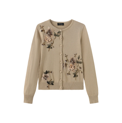 FLOWER EMBROIDERED HEM CARDIGAN