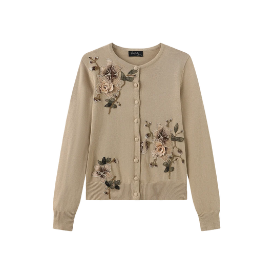 FLOWER EMBROIDERED HEM CARDIGAN
