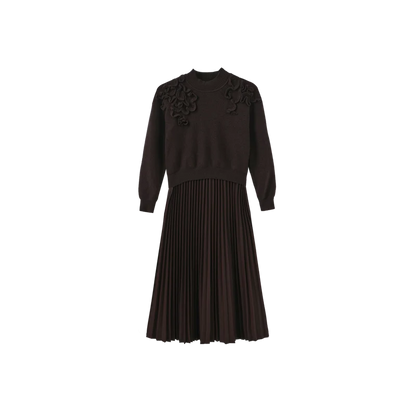 CHUNKY KNIT LEATHER PLEATED DRESS