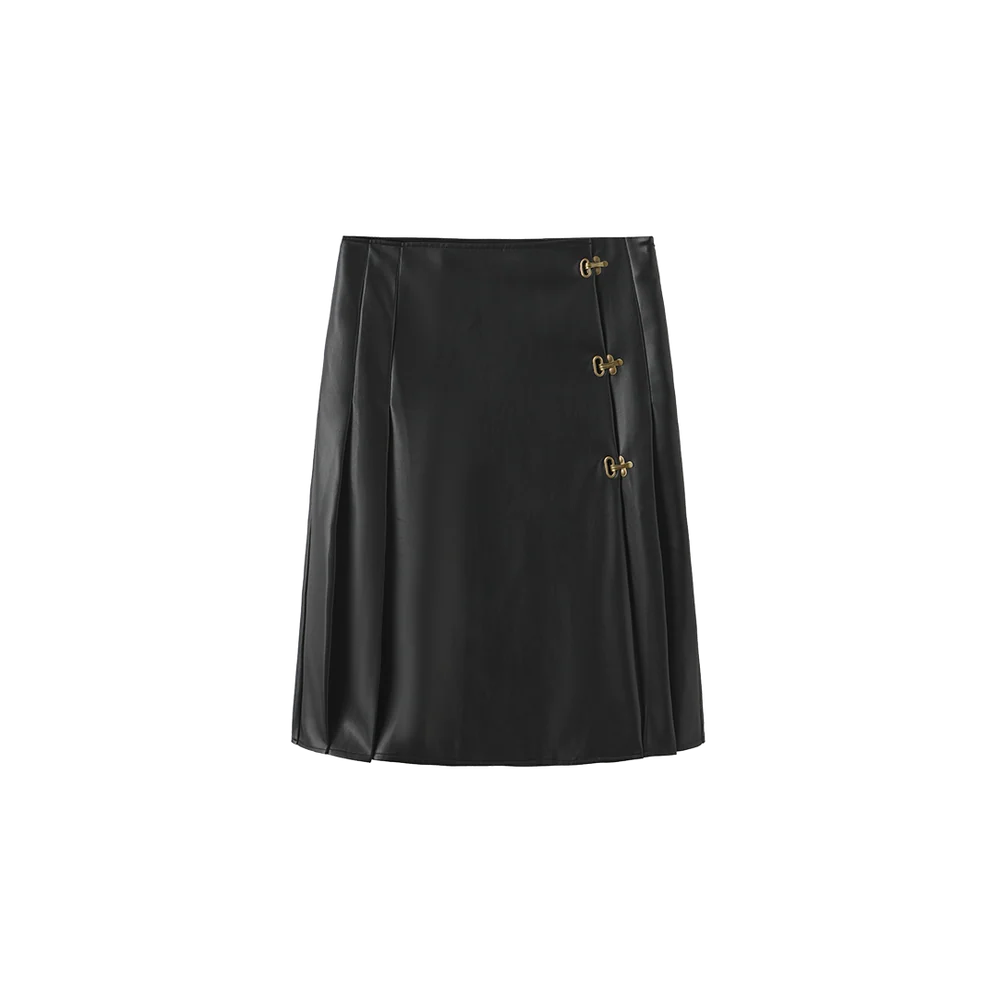 SIDE PLEAT BUCKLE LEATHER SKIRT