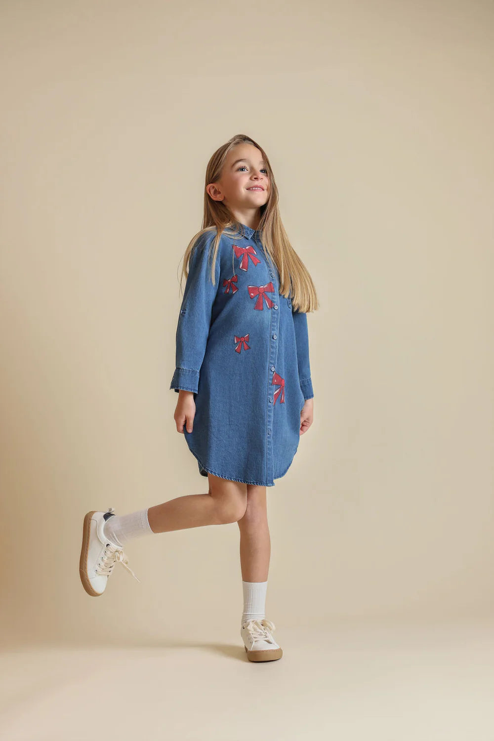 DENIM BOW PRINT SHIRT DRESS
