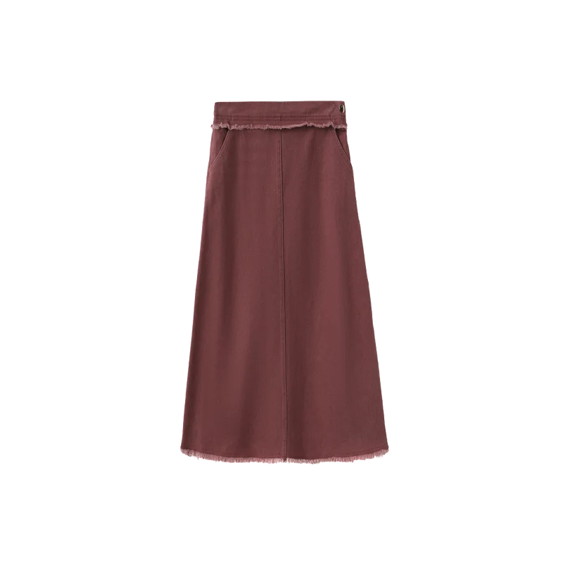 DENIM FRINGE CENTER SEAM SKIRT