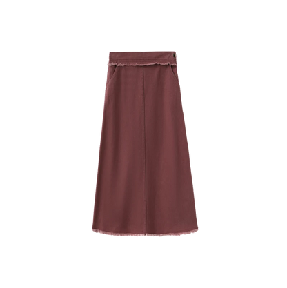 DENIM FRINGE CENTER SEAM SKIRT