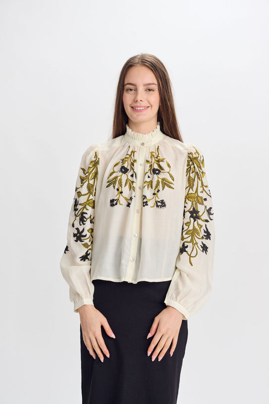 CREAM LINEN W/ OLIVE BLACK FLORAL PRINT TOP