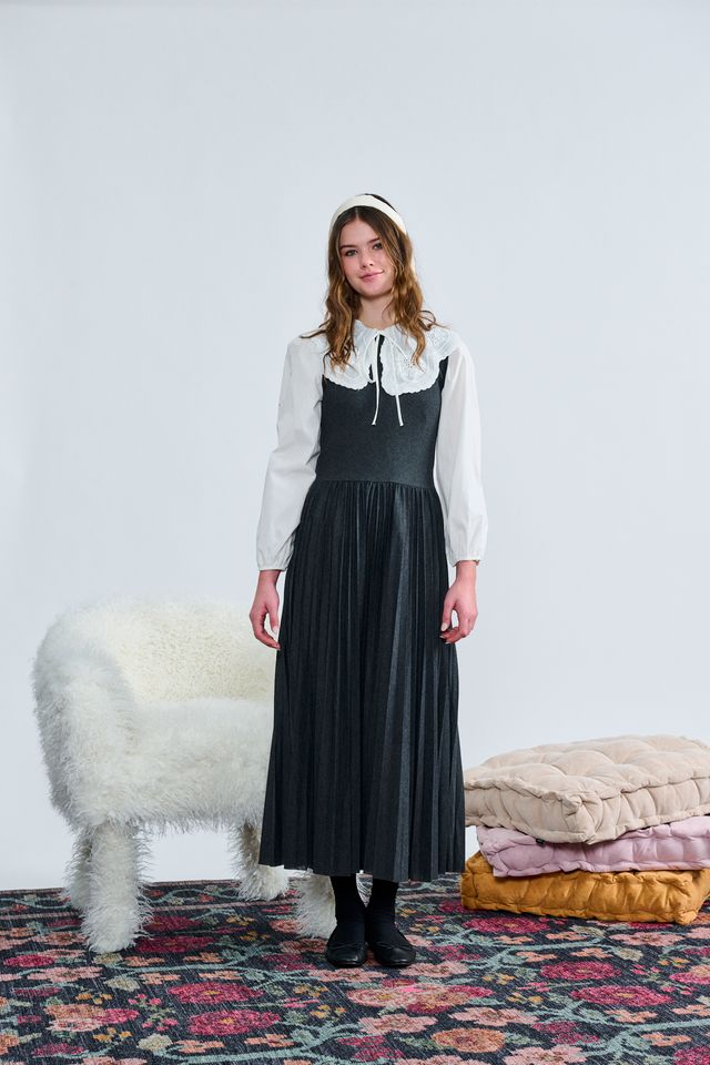 GRAY KNIT DROP WAIST PLEATED JUMPER